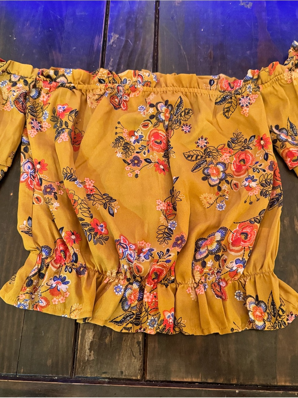 Lily White Mustard Floral Off-Shoulder Crop Top